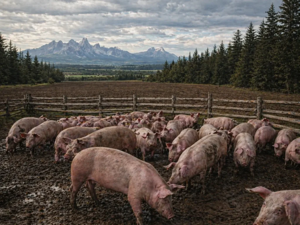 Authentic pigs on an Iowa farm with a dark fantasy 'Bottoms' mountain overlay—inspiration for C.L. Kan's novel The Corruption Within.